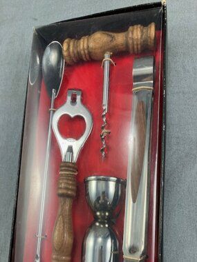 Vtg Bar Tool Wine Corkscrew Set with Wood Handle Made in Japan